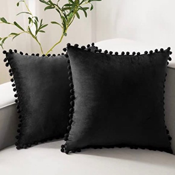 (Only Covers) Set of 2 Poms Poms Velvet Decorative Throw Pillow Covers, Black - Picture 1 of 2